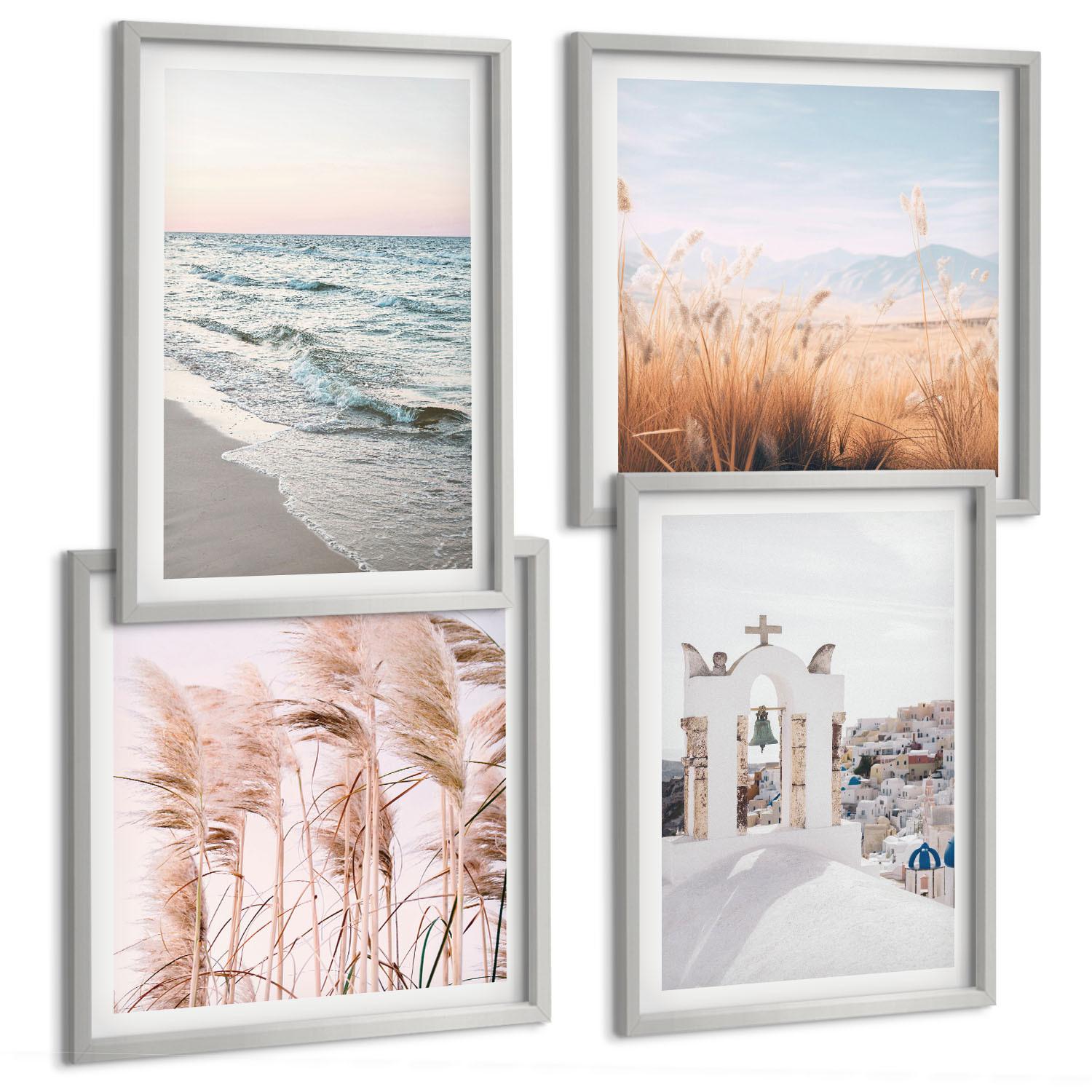 BILDER SET 4er Set - 50x50 cm & 40x60 cm Silberner Rahmen - Pflanzen, Meereswellen, Aussicht, Häuser - Silberfarben, Kunststoff (50/50cm) - TULUP