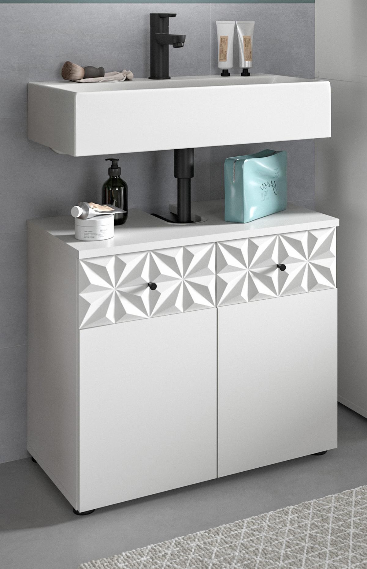 WASCHBECKENUNTERSCHRANK weiß Hochglanz 60 cm, Badschrank mit 3D-Struktur - Weiß Hochglanz/Schwarz, Holzwerkstoff/Kunststoff (60/54/34cm) - Inn.Furn