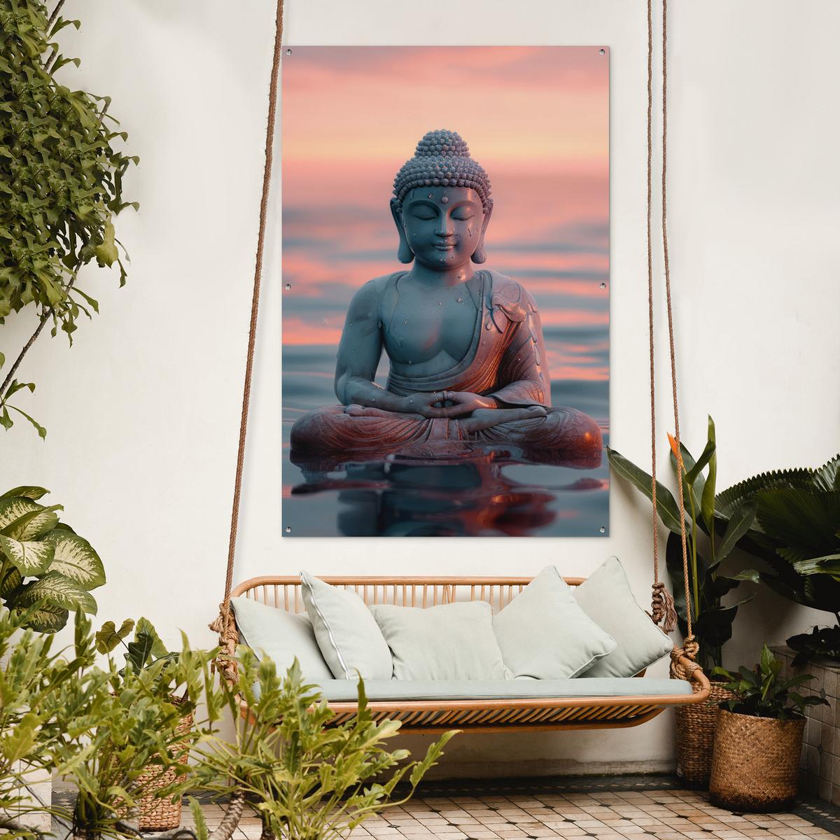 GARTENPOSTER Buddha - Statue - Buddha - Wasser - Kunst - Buddha Bild 120x180 cm - Blaugrau, Kunststoff (120/180/0.2cm) - OnlyWow