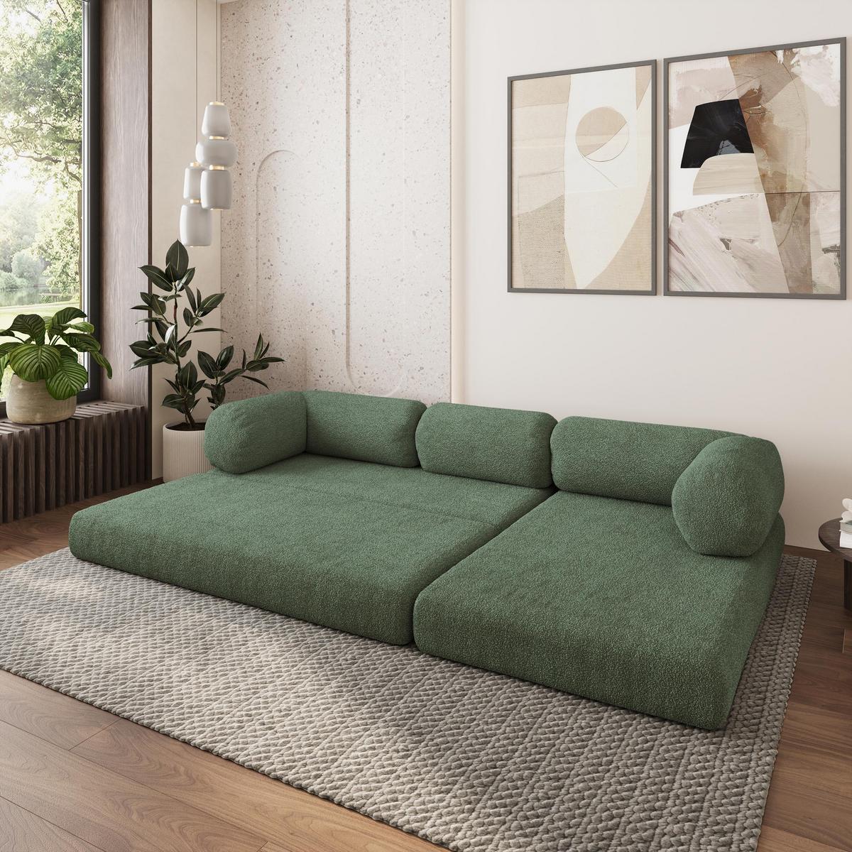 ECKSOFA KELI modulares Boneless Sofa mit Schlaffunktion Grün Boucle-Stoff - Grün, Textil (270/160cm) - MASSENO