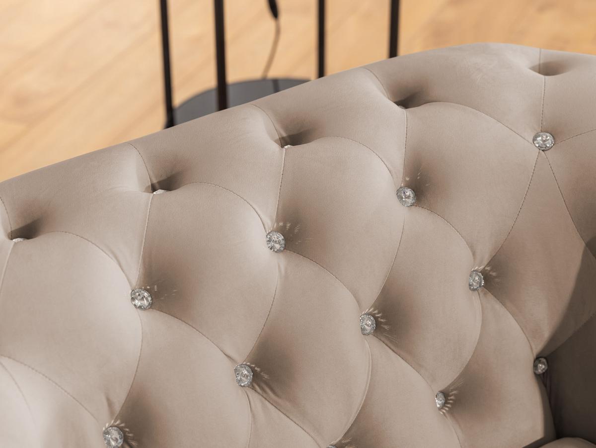 ECKSOFA mit Schlaffunktion Chesterfield Beige Samt mit Kristallsteppung und braunen Massivholzfüßen - Ottomane Links - Beige/Braun, Holz/Textil (264/210cm) - S-Style