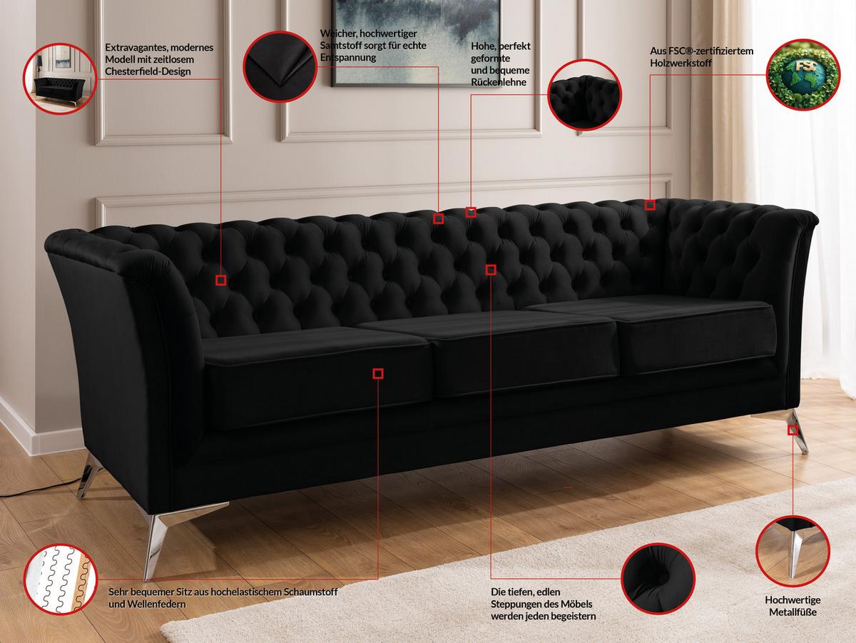 CHESTERFIELD-SOFA 3-sitzer Whitby Schwarz Samt mit silbernen Füßen - Silberfarben/Schwarz, Holz/Textil (237/78/82cm) - S-Style Möbel