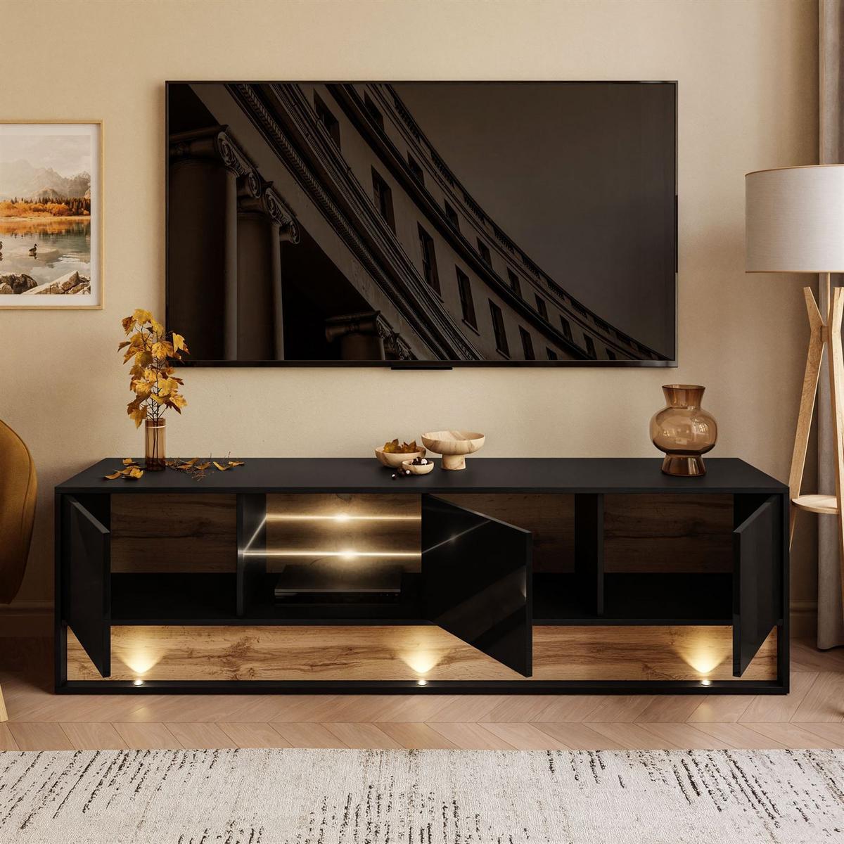 TV-ELEMENT VILLA 180 cm mit Einsatz aus Wotan Eiche - Eiche Wotan/Schwarz, Holzwerkstoff (180/50/40cm) - Lookway