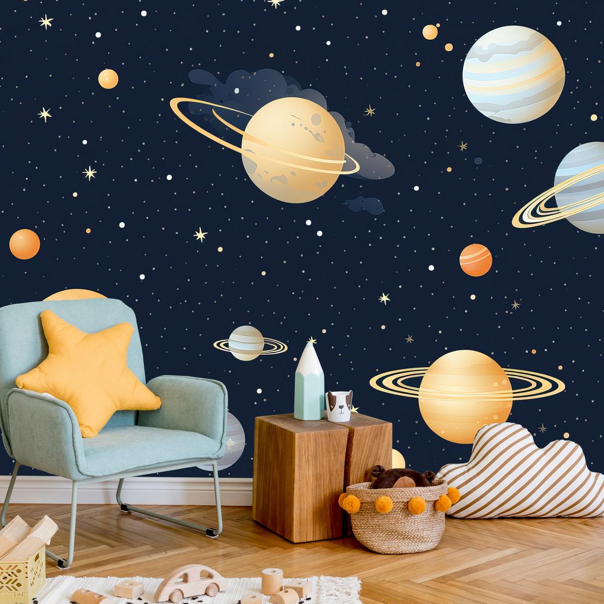 FOTOTAPETE für Kinderzimmer Märchen Galaxie Planeten Sterne 500x350 - Blau/Gelb, Papier (500/350cm) - Muralo