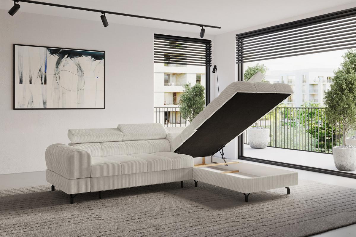 ECKSOFA mit Schlaffunktion Ottomane Rechts LUMA-L 272x203x70 Creme Cord - Creme/Schwarz, Holzwerkstoff/Kunststoff (203/272cm) - ALTDECOR