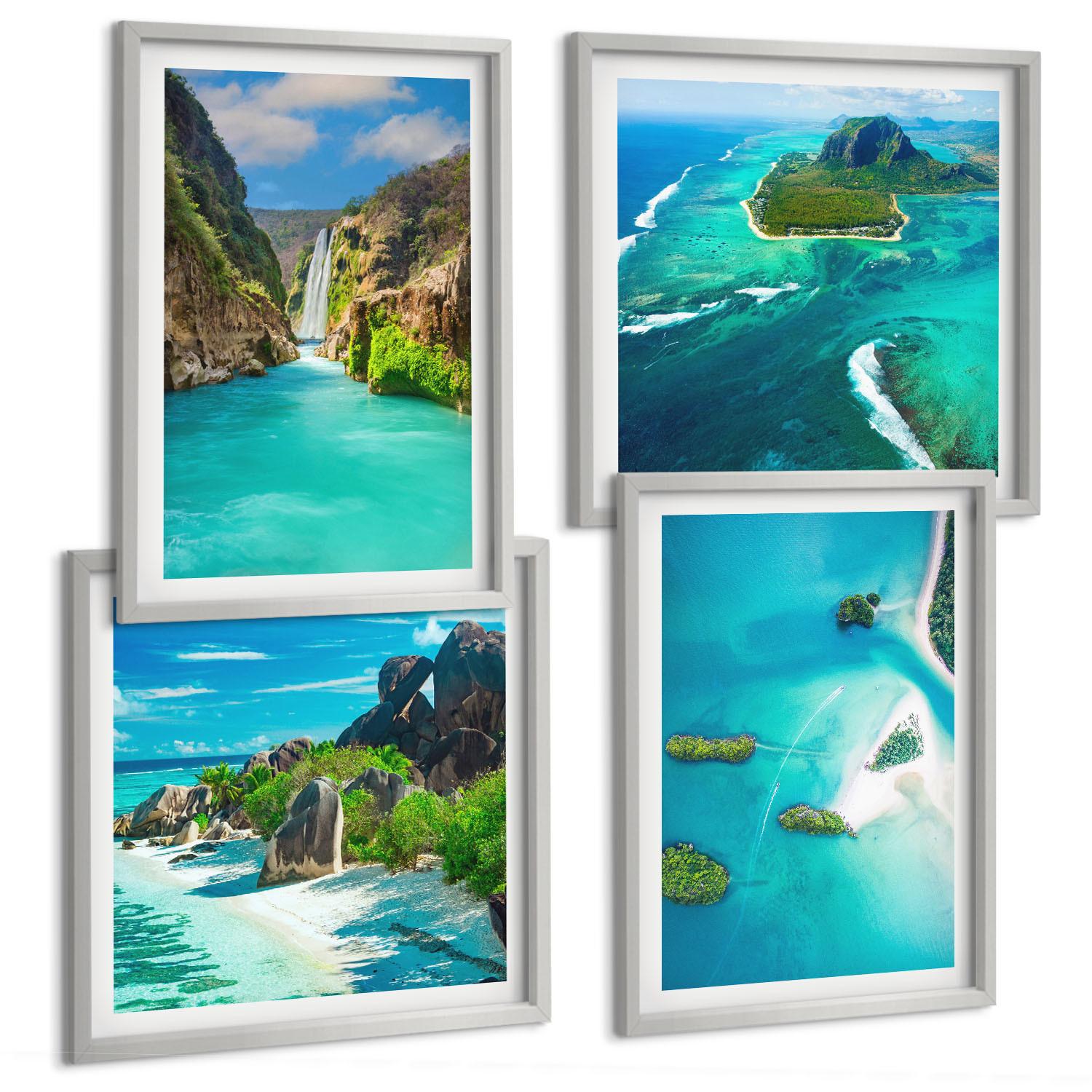 BILDER SET 4er Set - 50x50 cm & 40x60 cm Silberner Rahmen - Tropische türkisfarbene Inseln - Silberfarben, Kunststoff (50/50cm) - TULUP