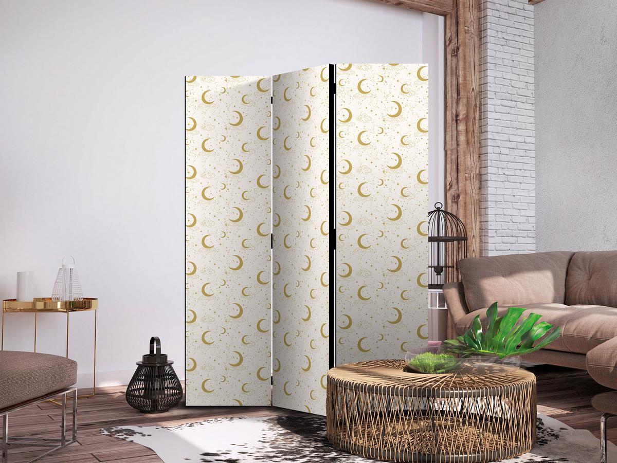 PARAVENT Beidseitig Bedruckter 3-tlg 135x172 cm Mond Sterne Boho Stil - Beige, Holz/Textil (135/172/3cm) - Muralo