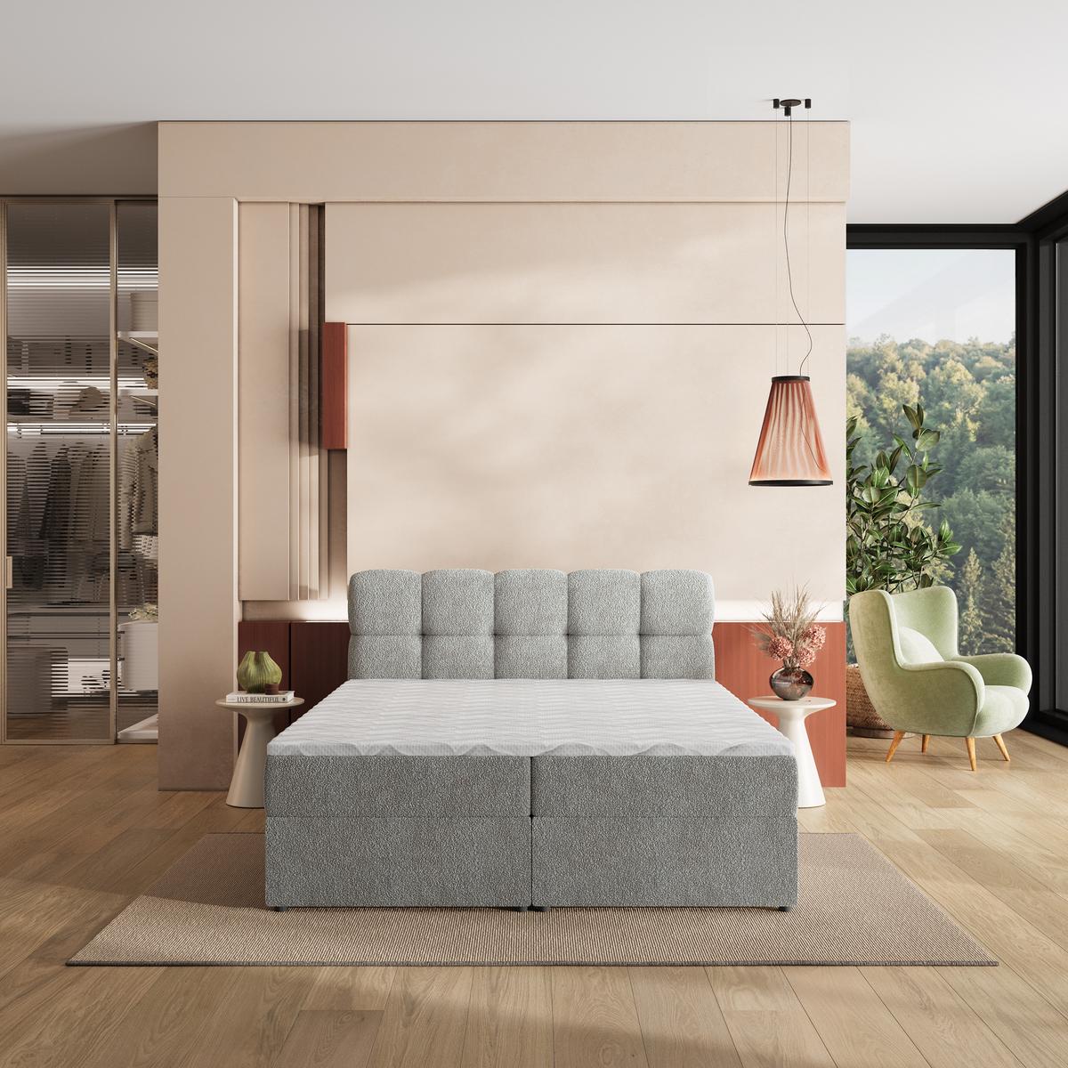 BOXBETT MERU 200x200 cm mit Matratze und Topper, H2+H3 - Hellgrau - Hellgrau, Holz (200/200cm) - MASSENO
