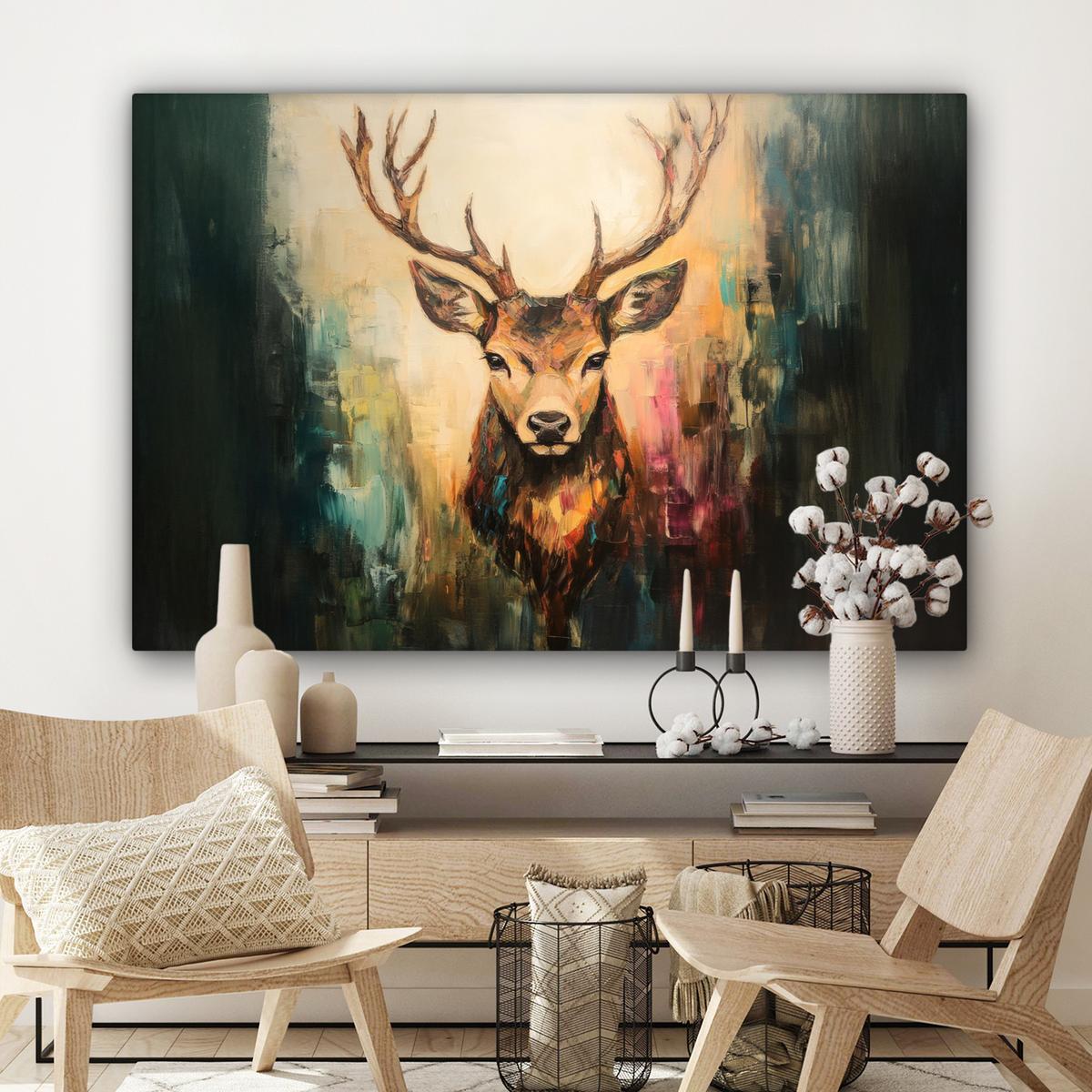 LEINWANDBILD Hirsch - Gemalt - Geweih - Braun XXL 150x100 cm - Haselnussfarben, Textil (150/100cm) - MuchoWow