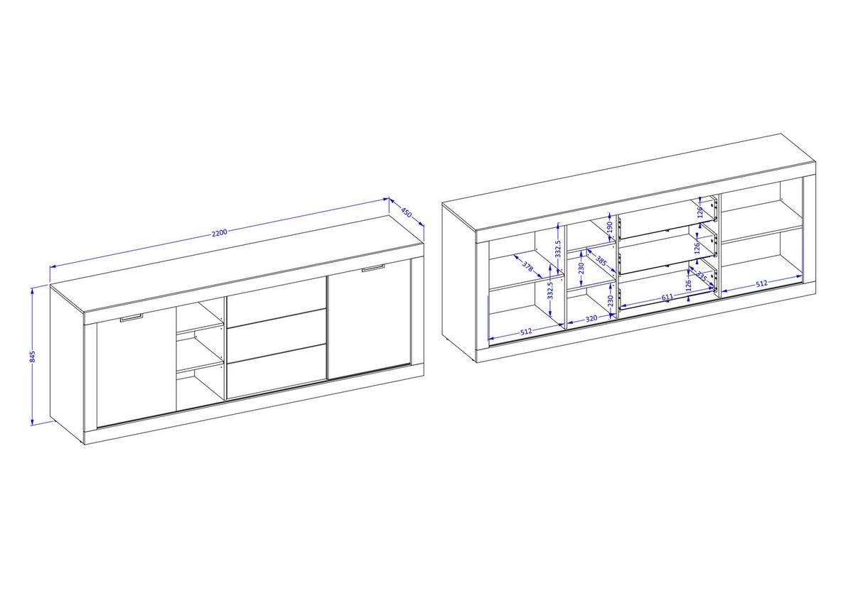 SIDEBOARD DAVOR 220x45x85 cm mit 3 Schubladen und 2 Türen Eichefarben - Braun, Holzwerkstoff (220/85/45cm) - MASSENO