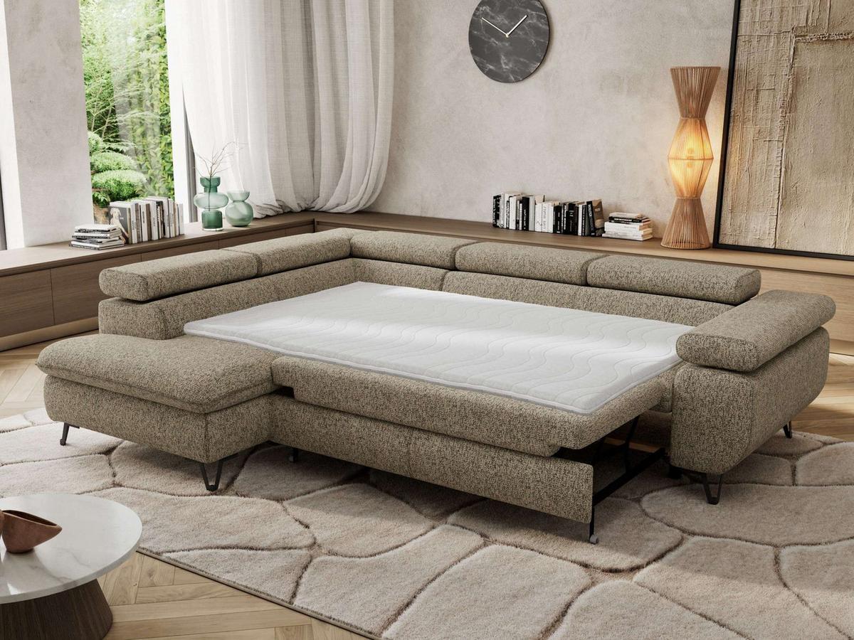 ECKSOFA PABLO L Dunkelbeige Struktur - Links Seite mit Visco Topper - Greige/Schwarz, Textil/Metall (208/273cm) - MKS