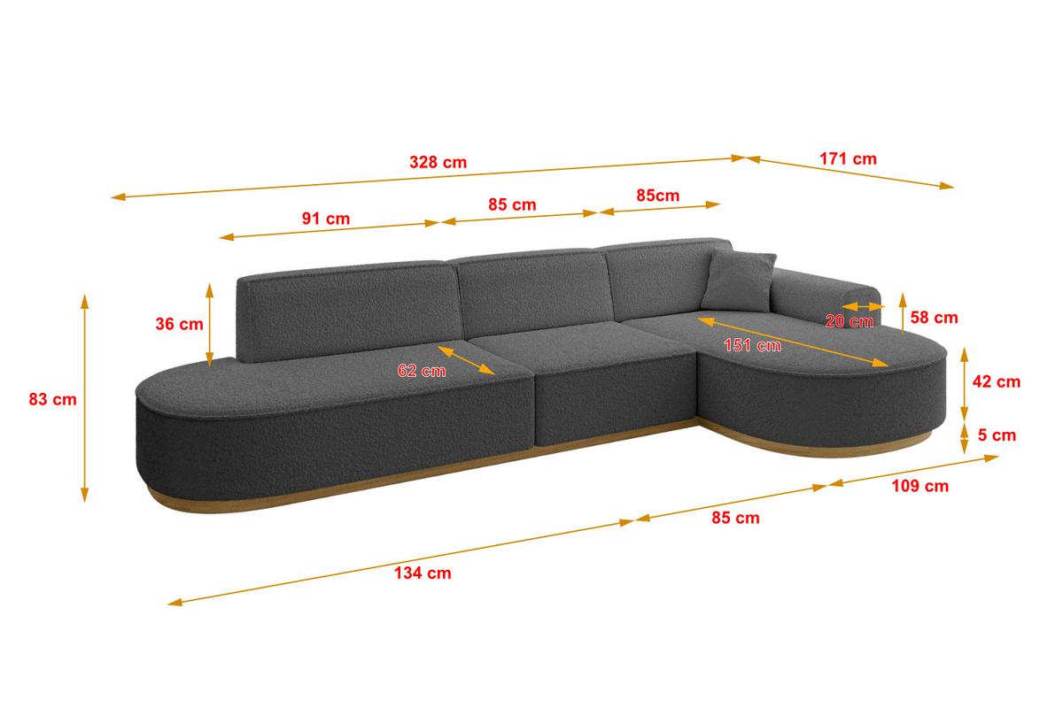 ECKSOFA Ottomane Rechts MARI-L2-v2 - 328x171x83 cm Grau Bouclé - Grau, Holzwerkstoff/Textil (171/328cm) - ALTDECOR