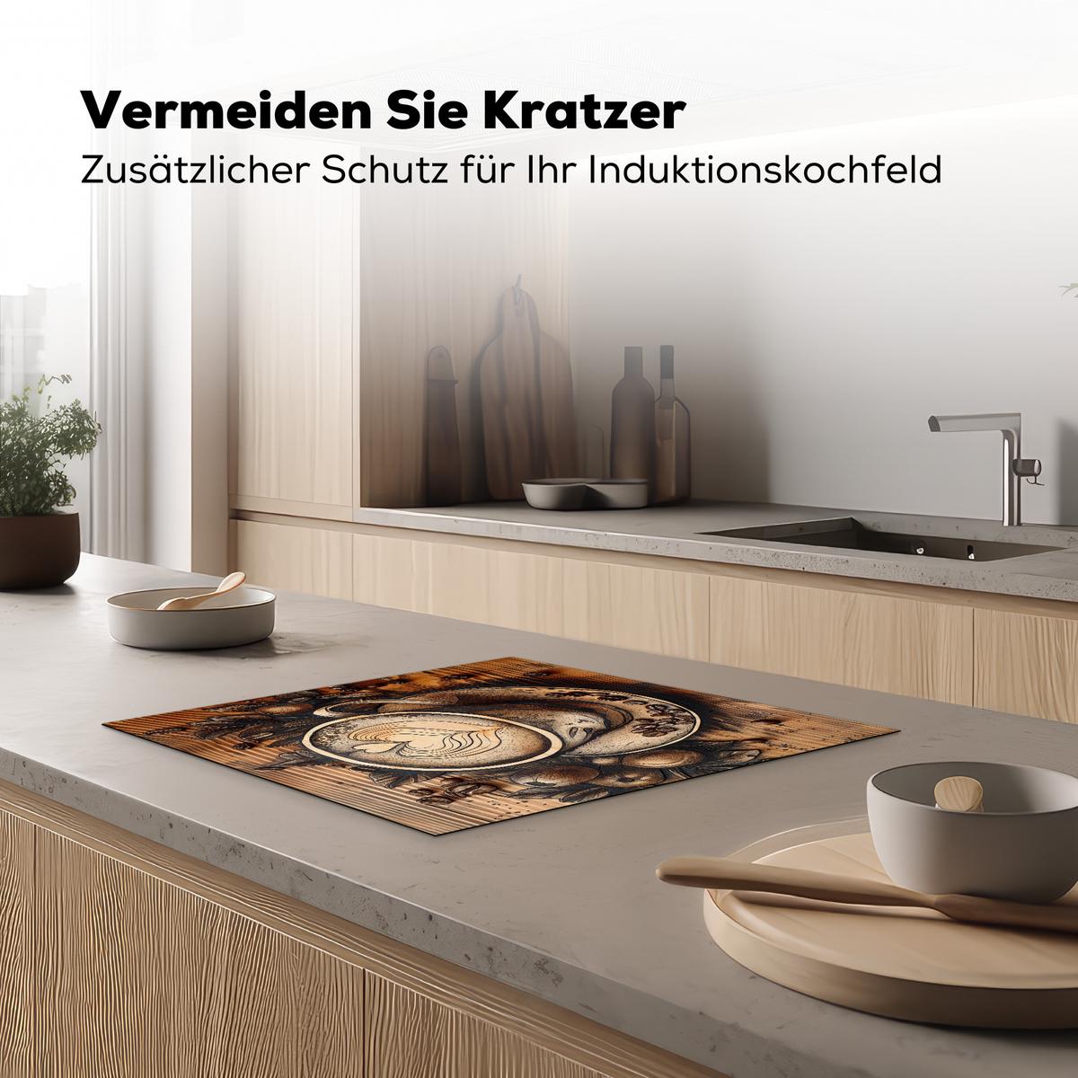 HERDABDECKPLATTE Kaffee - Vintage - Braun - Tasse - Holz Abdeckung Ceranfeld 58.3x51.3 cm - Cappuccino, Kunststoff (58.3/51.3/0.2cm) - MuchoWow