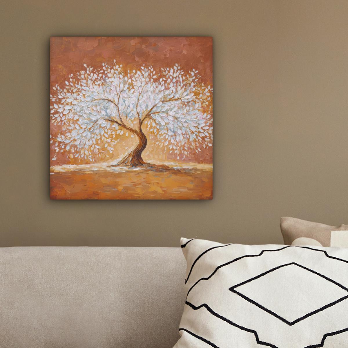 LEINWANDBILD Abstrakt - Baum - Weiß - Blätter Deko Wohnzimmer 20x20 cm - Braun, Textil (20/20cm) - MuchoWow