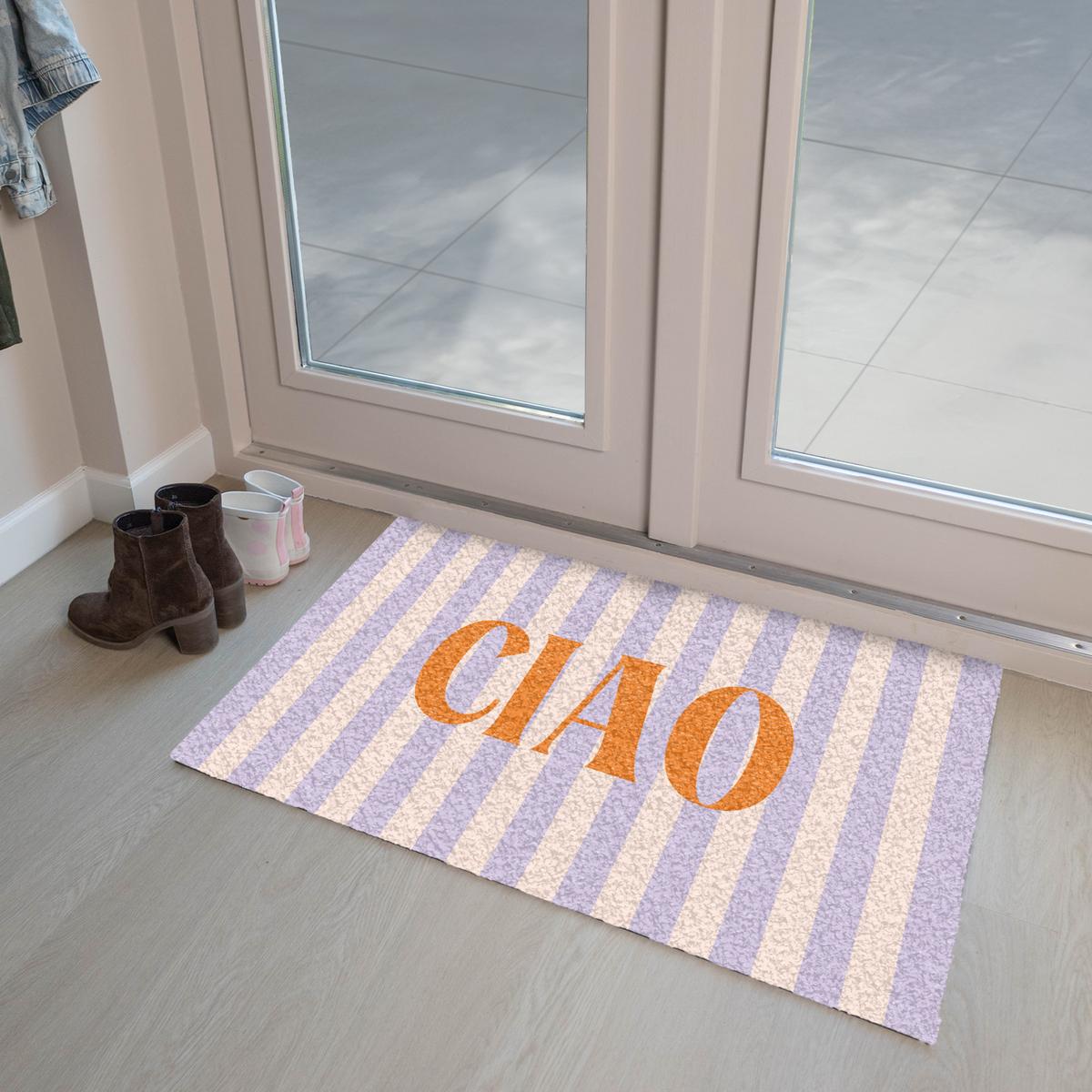 FUSSMATTE Ciao - Zitat - Pastell - Streifen Schmutzfangmatte 90x60 cm - Flieder, Kunststoff (90/0.4cm) - MuchoWow