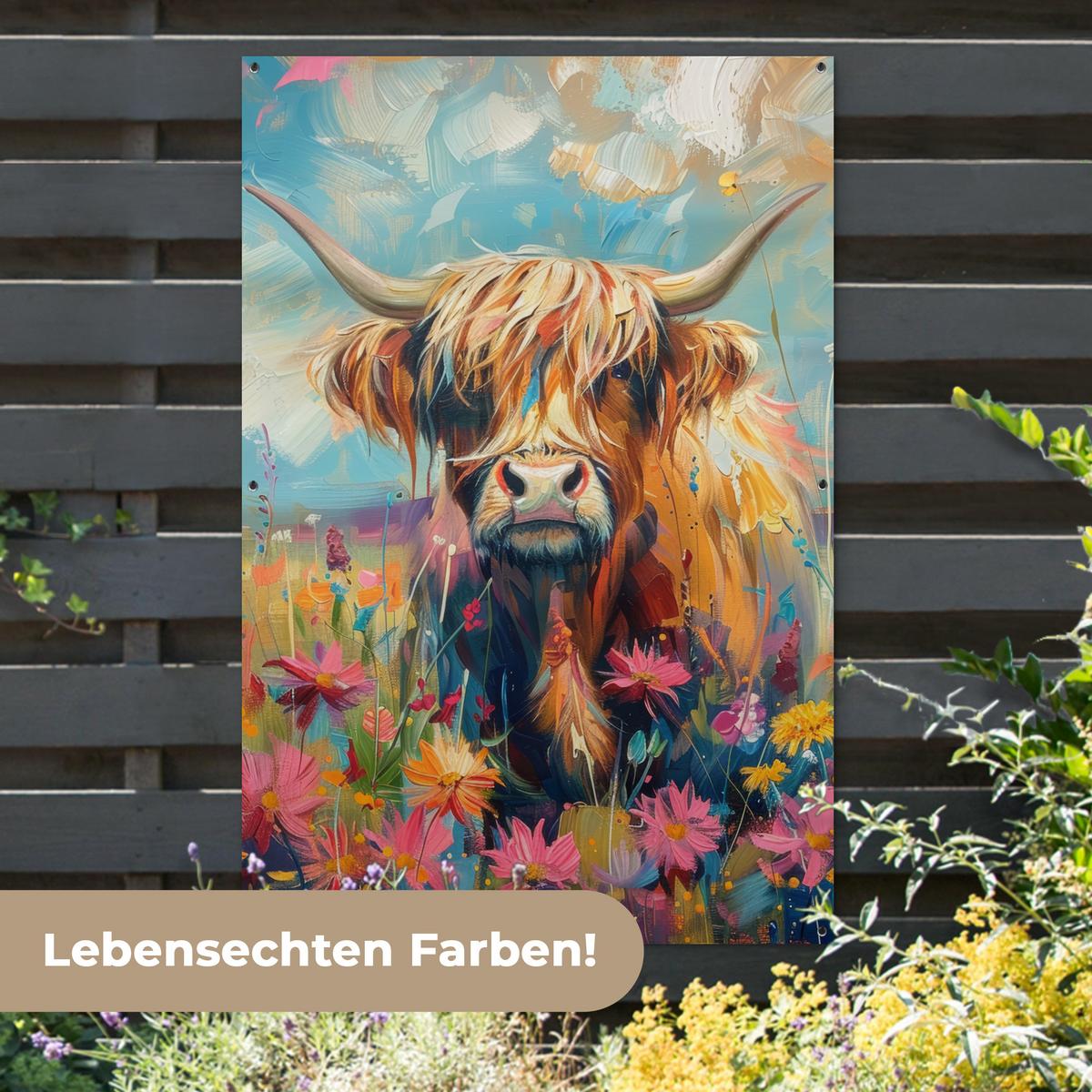 GARTENPOSTER Schottische Hochländer - Natur - Farbenfroh - Blumen Bild 120x180 cm - Hellblau, Kunststoff (120/180/0.2cm) - OnlyWow