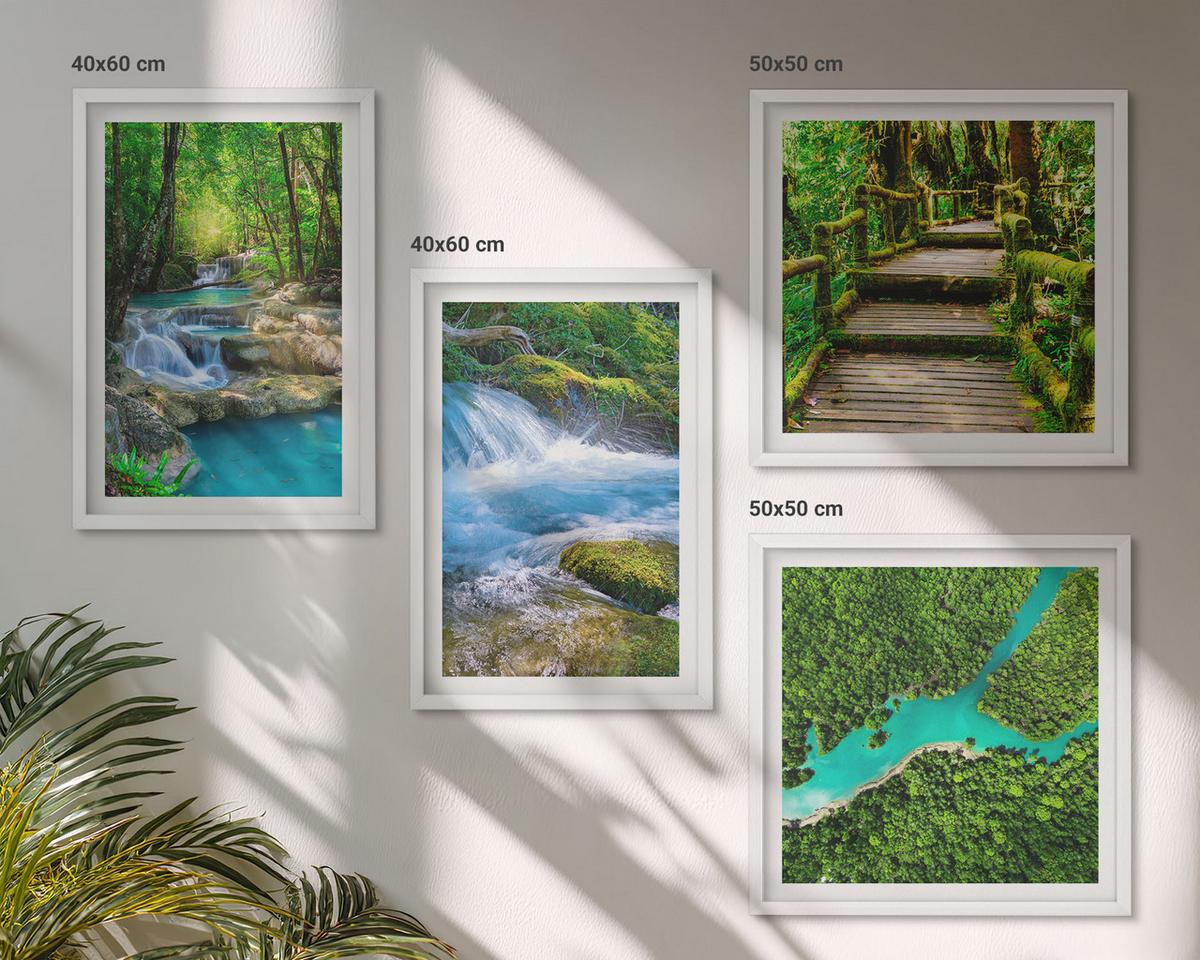 BILDER SET 4er Set - 50x50 cm & 40x60 cm Weißer Rahmen - Grüne Wälder, kristallklares Wasser - Weiß, Kunststoff (50/50cm) - TULUP
