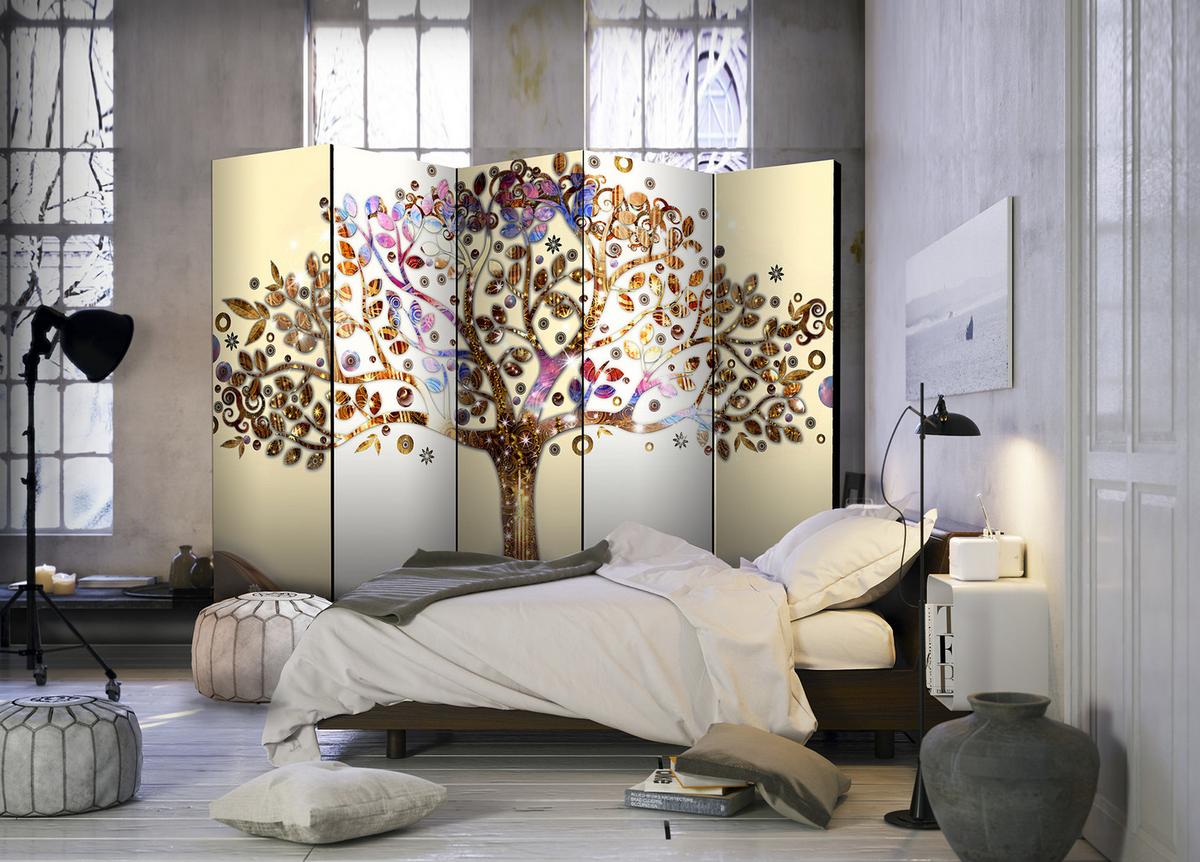 PARAVENT Akustik 5-tlg 225x172 cm Goldener Baum - Multicolor, Holz/Textil (225/172/3cm) - Muralo