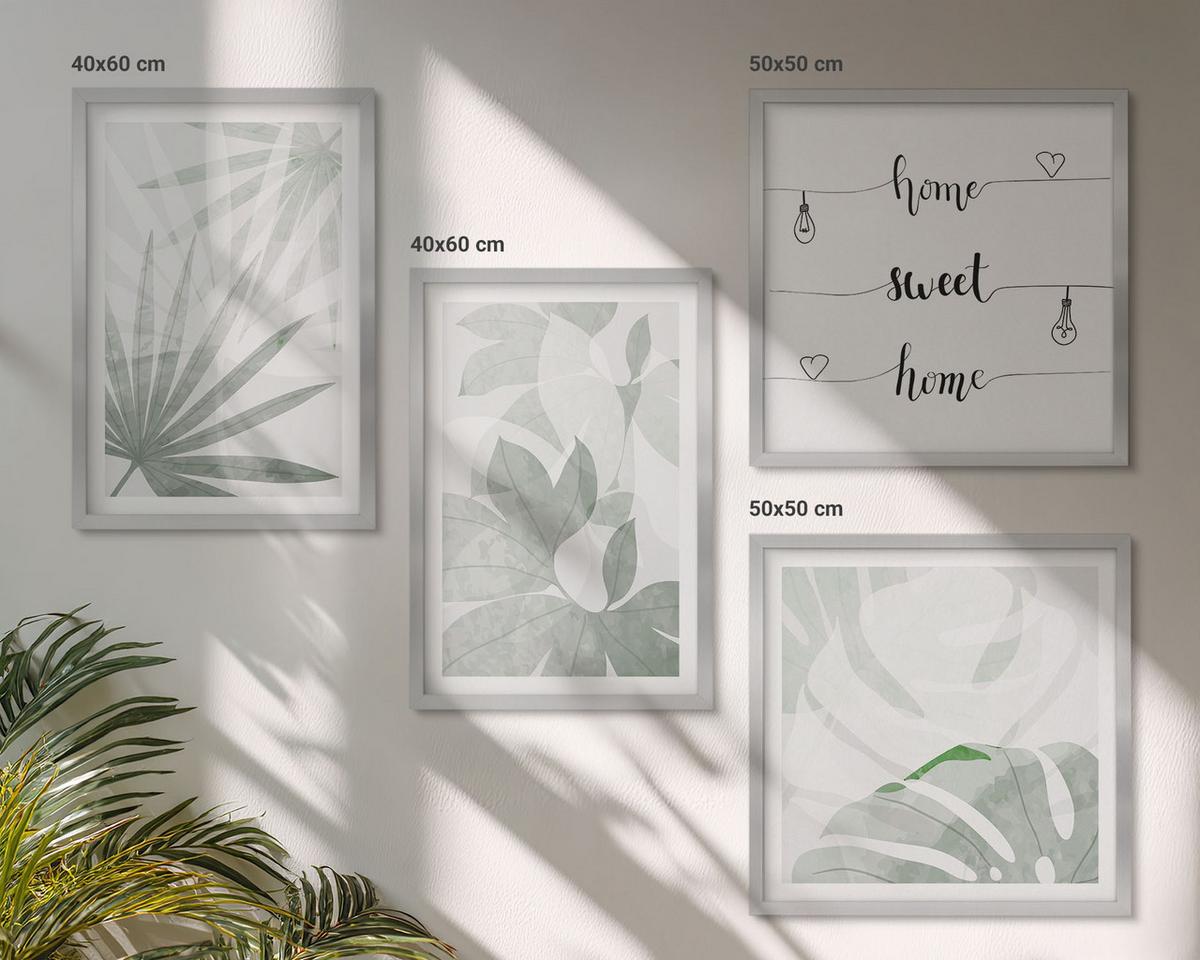 BILDER SET 4er Set - 50x50 cm & 40x60 cm Silberner Rahmen - Die Blätter der Pflanzen sind grünlich-grau. - Silberfarben, Kunststoff (50/50cm) - TULUP