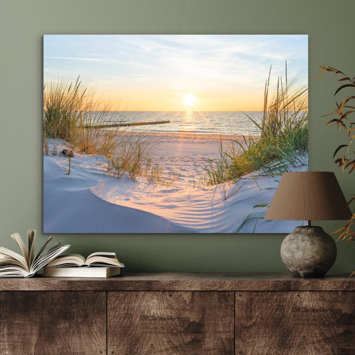 METALLBILD Strand - Sonne - Düne - Gras - Sand - Horizont 80x60 cm - Hellblau, Metall (80/60cm) - MuchoWow