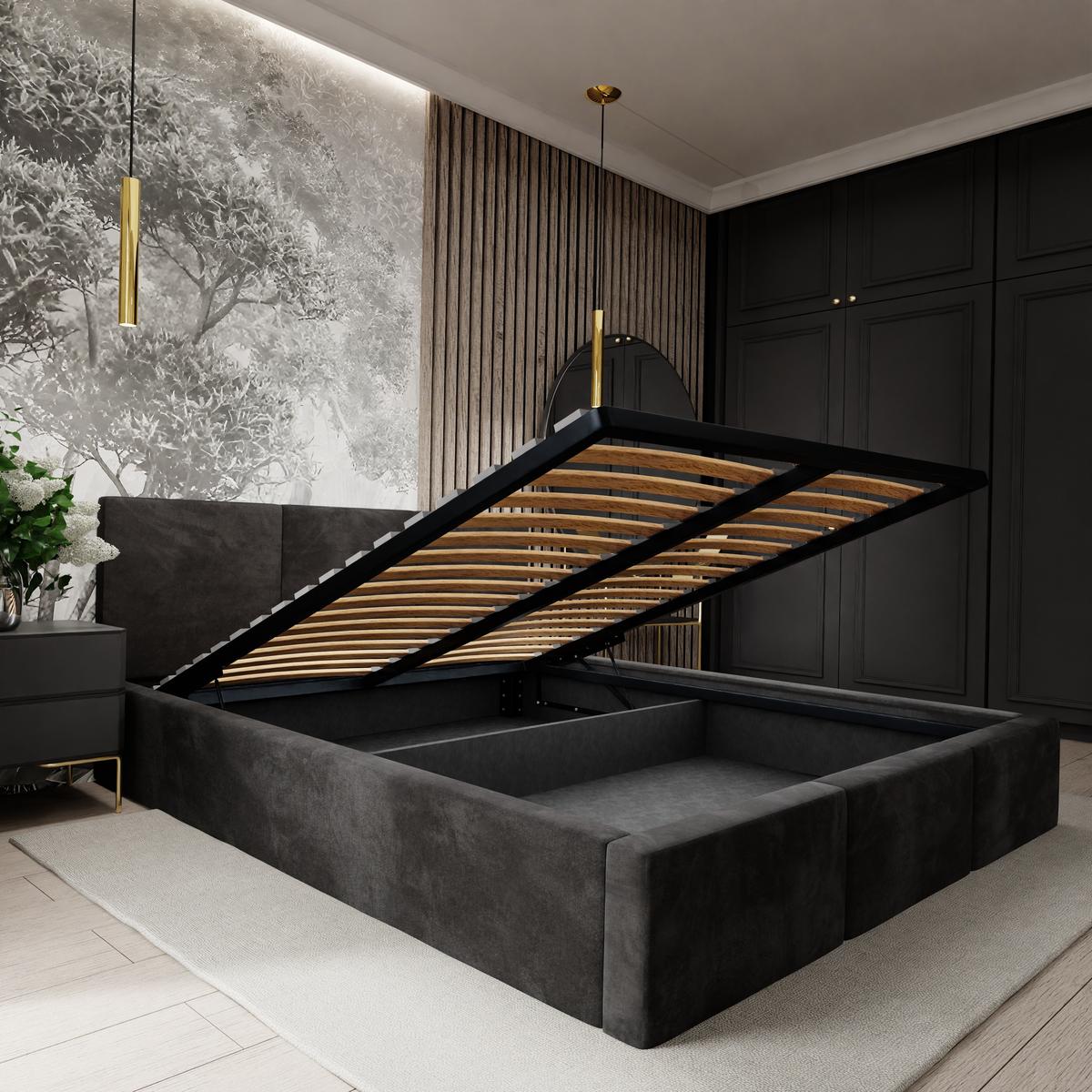 POLSTERBETT für Schlafzimmer Bett mit Stauraum Schwarz 120x200cm Kopfteil 100cm - Schwarz, Holzwerkstoff/Textil (120/200cm) - Muralo