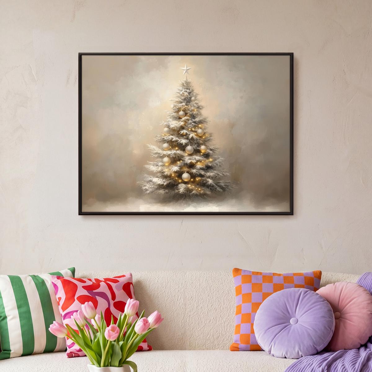 LEINWAND Bilder mit Rahmen - Weihnachten - Weihnachtsbaum - Schnee - Kunst - 80x60 - Champagner, Textil (80/60cm) - MuchoWow