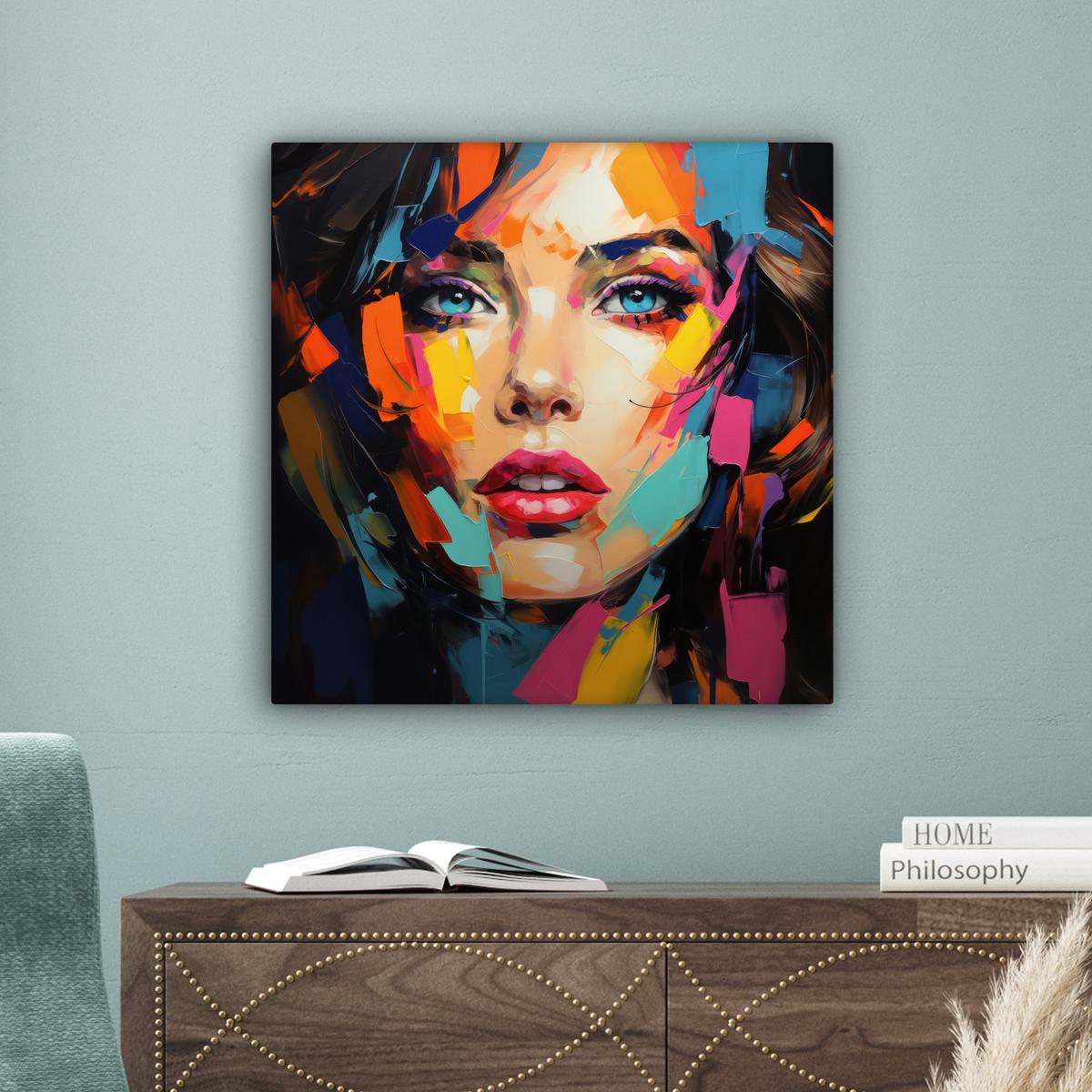 LEINWANDBILD Frau - Porträt - Farbenfroh - Kunst Wandbild Wohnzimmer 50x50 cm - Multicolor, Textil (50/50cm) - MuchoWow