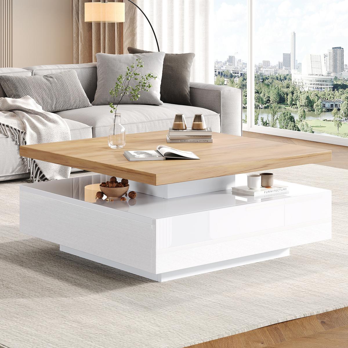COUCHTISCH 360° Drehbar Weiß Hochglanz & Nussbaum Quadratisch 1 Schublade - Naturfarben, Holzwerkstoff (70/70/36cm) - Urban Meuble