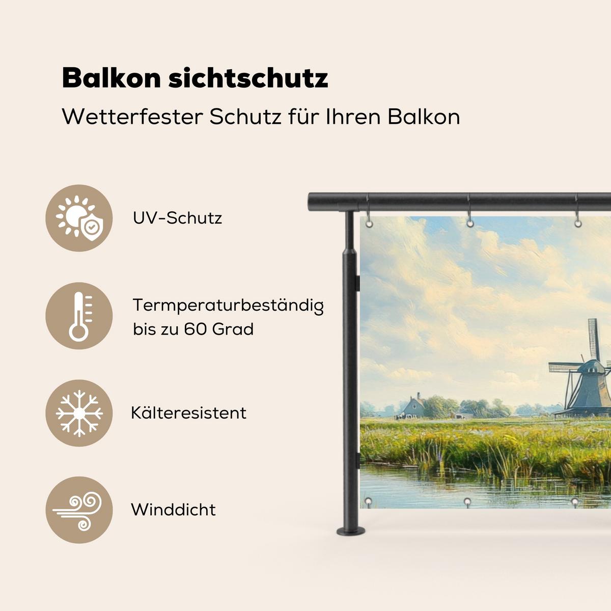 BALKON-SICHTSCHUTZ Kühe - Windmühle - Wiese - Blau Windschutz 300x90 cm - Grün, Kunststoff (300/90cm) - MuchoWow