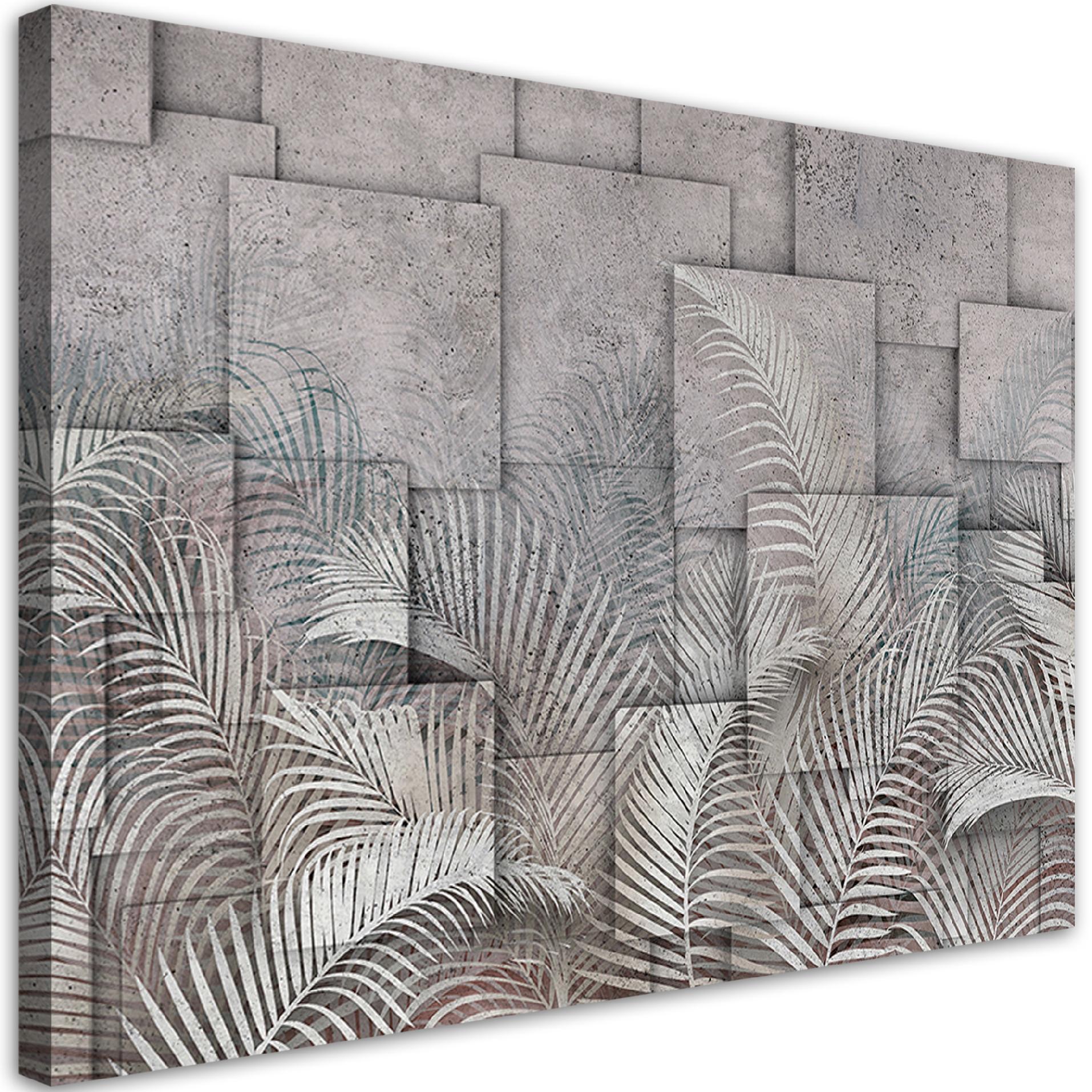 WANDBILD 3d palmen blätter beton textur - Grau, Textil (60/40cm) - Feeby
