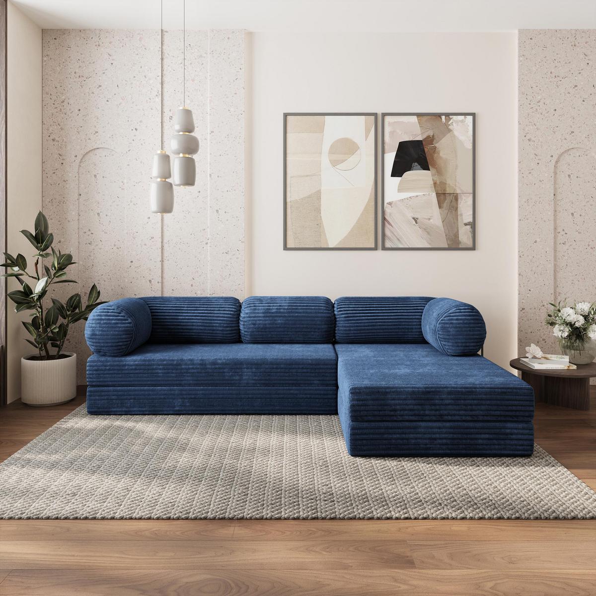 ECKSOFA ETERA modulares Boneless Sofa mit Schlaffunktion Blau Kordstoff - Blau, Textil (270/160cm) - MASSENO