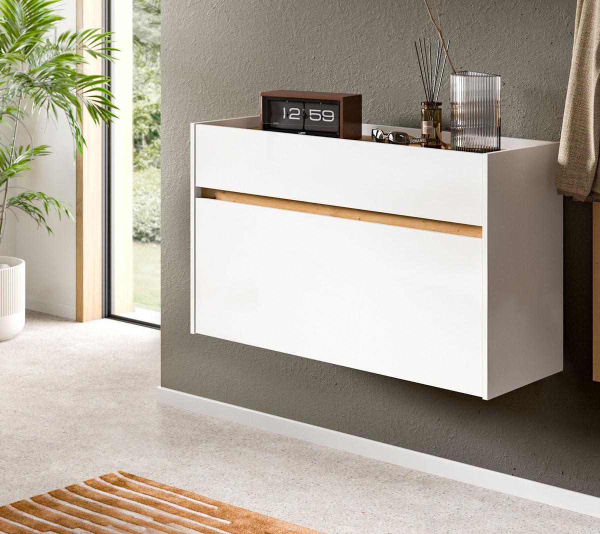 SCHUHKIPPER weiß und Eiche Artisan, Schuhschrank mit Schublade, hängend 110 x 61 cm - Weiß/Eiche Artisan, Holzwerkstoff (110/61/32cm) - Inn.Furn