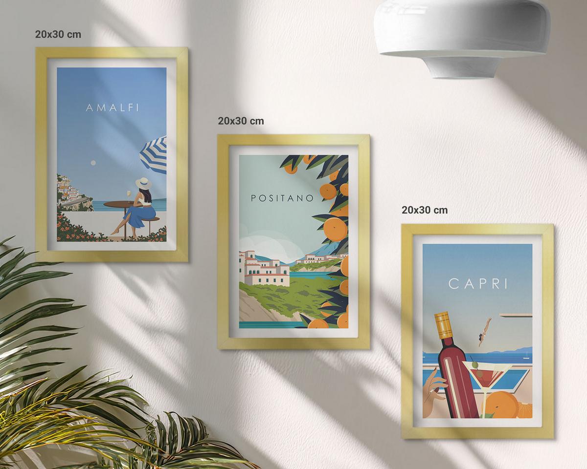 BILDER SET 3er Set - 20x30 cm Goldrahmen - Amalfi, Positano und Capri - Goldfarben, Kunststoff (20/30cm) - TULUP