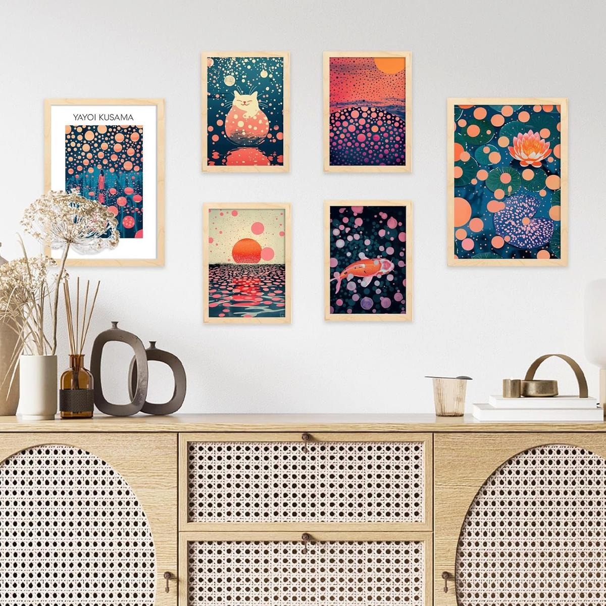 POSTER Set Mit 6 Yayoi Kusama Sonnenuntergang Wasser Blau Orange Rot Lila Farben Janapise Mit Designillustrationen Zur Der Zuhauses A3 & A4 Rahmenlos - Klar, Papier (29/3cm) - Nacnic