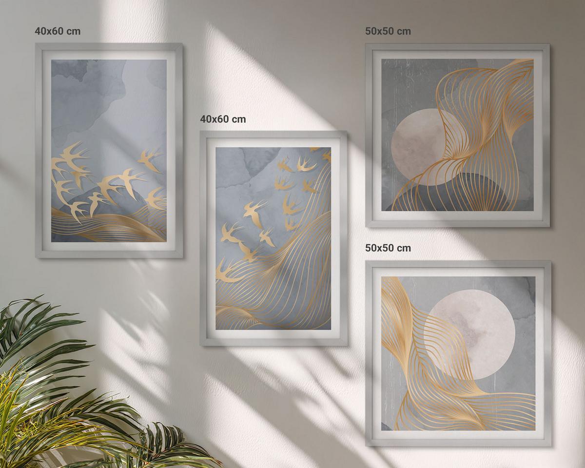 BILDER SET 4er Set - 50x50 cm & 40x60 cm Silberner Rahmen - Vögel im Flug, Himmel, Mond - Silberfarben, Kunststoff (50/50cm) - TULUP