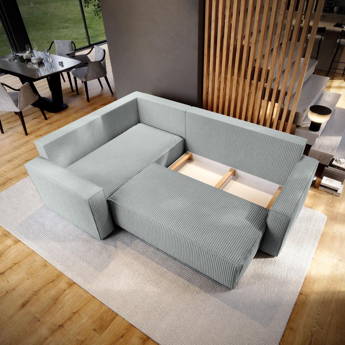 ECKSOFA ESTANO L-S Hellgrau Kordstoff mit Schlaffunktion - Hellgrau, Holz (230/158cm) - MASSENO