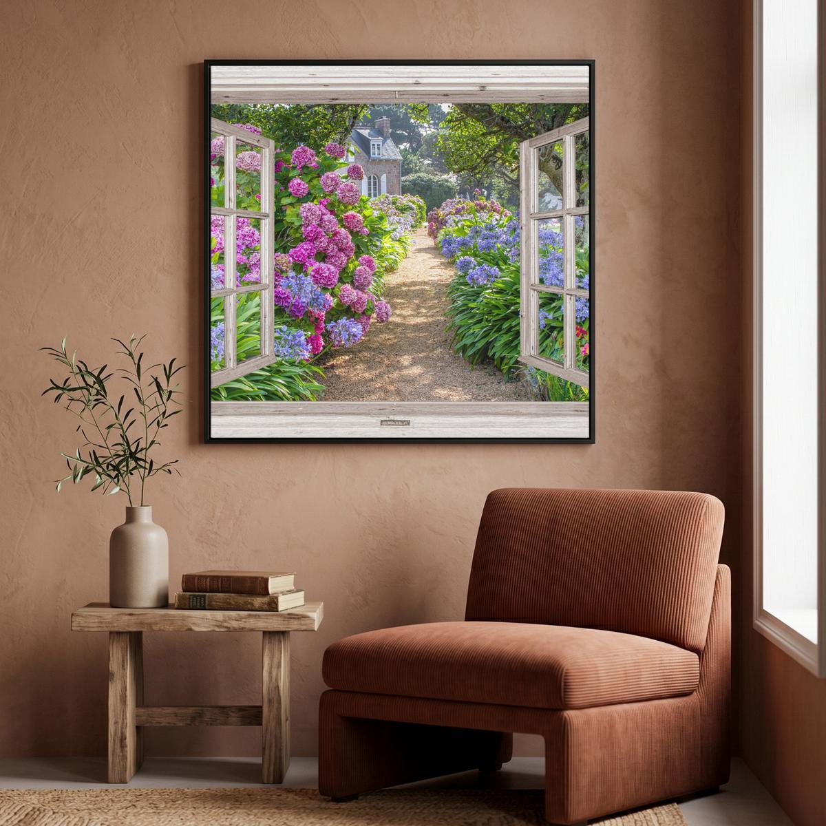 LEINWAND Bilder mit Rahmen - Hortensie - Durchsichtig - Blumen - Sommer - Lila - Weg - 90x90 - Lila, Textil (90/90cm) - MuchoWow