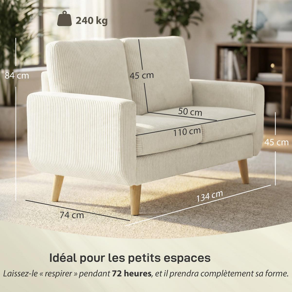 SOFA Nythiv 134/74/84cm - Creme, Textil (74/84/134cm) - ZMH
