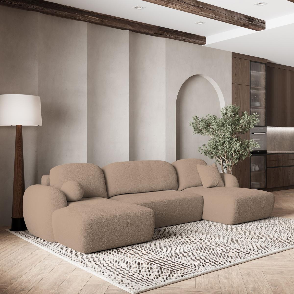 WOHNLANDSCHAFT SAVONA N Beige Boucle-Stoff mit Schlaffunktion - Beige/Schwarz, Holz/Kunststoff (320/90/148cm) - MASSENO