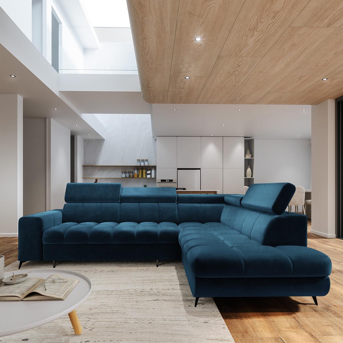 ECKSOFA MORIVA R-S Blau Velours-Stoff mit Schlaffunktion - Blau, Holz (253/190cm) - MASSENO
