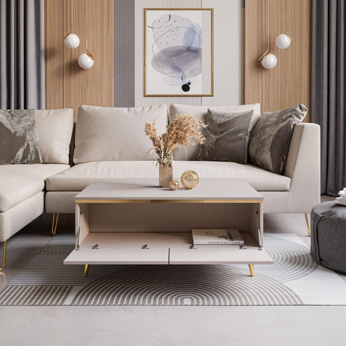 COUCHTISCH AURORA mit Staufach Kaschmir mit schräge Goldchrom Fuße - Kaschmir/Goldfarben, Holzwerkstoff/Metall (60/90/41cm) - Lookway