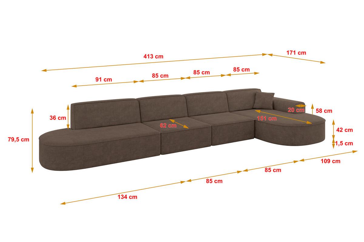 ECKSOFA Ottomane Rechts MARI-L3 - 413x171x79 cm Braun Velours - Schwarz/Braun, Holzwerkstoff/Kunststoff (171/413cm) - ALTDECOR