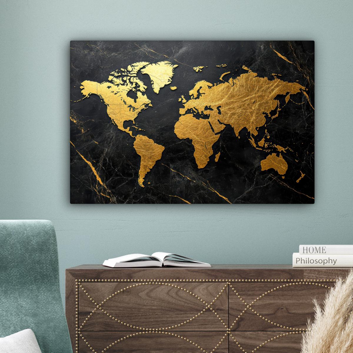 LEINWANDBILD Weltkarte - Gold - Marmor Gemälde 60x40 cm - Goldfarben, Textil (60/40cm) - MuchoWow