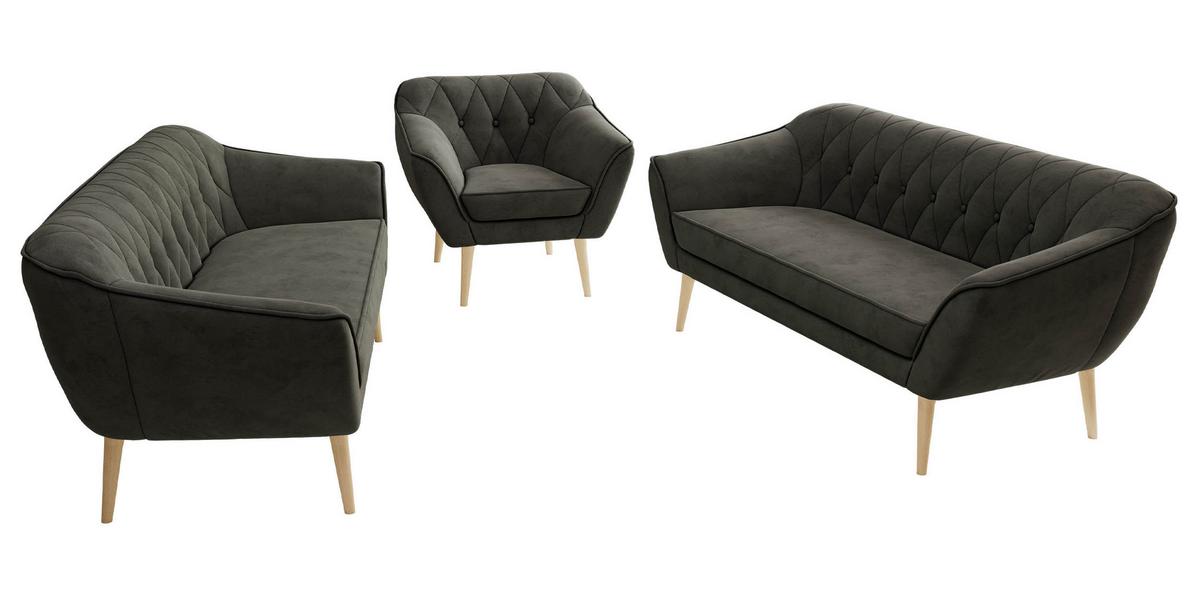 SITZGARNITUR PIRS 3+3+1 - Dunkelgrau Velvet - Holzbeine - Dunkelgrau/Buchefarben, Holzwerkstoff/Textil (180/75/74cm) - MKS