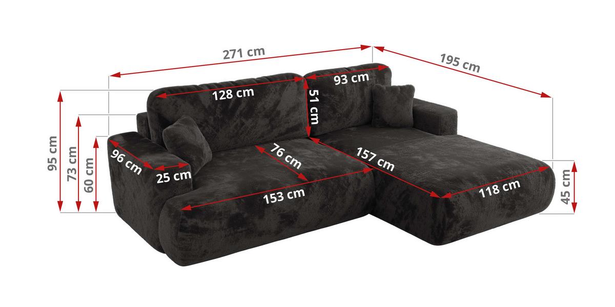 ECKSOFA OVO L Dunkelgrau Plüsch - Rechts Seite - Dunkelgrau/Schwarz, Kunststoff/Textil (195/271cm) - MKS