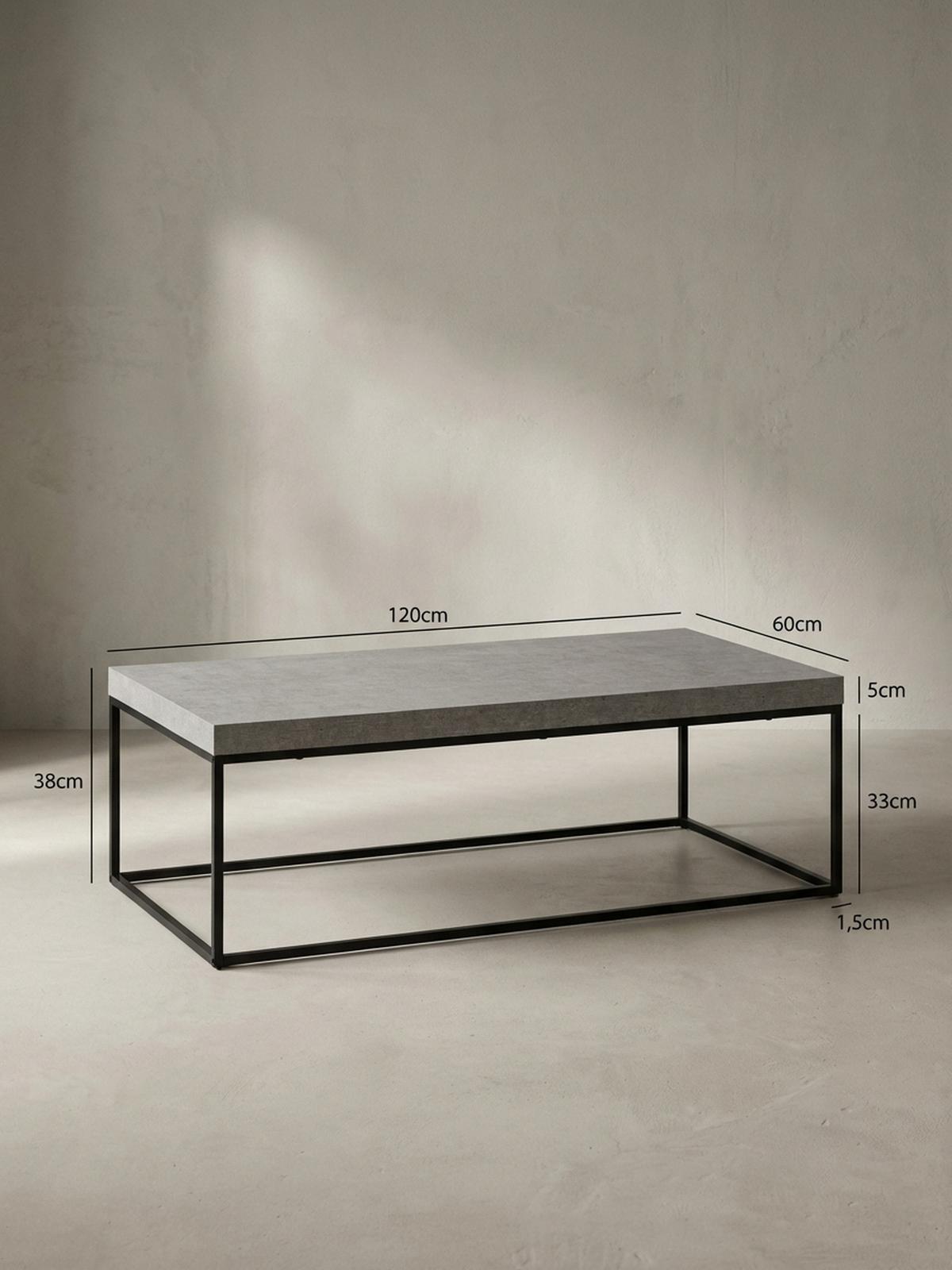COUCHTISCH in Stein-Optik mit Metallbeinen, Modernes Design, Rechteckig, Groß, Grau 120x60x38 cm - Schwarz/Grau, Holzwerkstoff/Metall (60/120/38cm) - KADIMA DESIGN