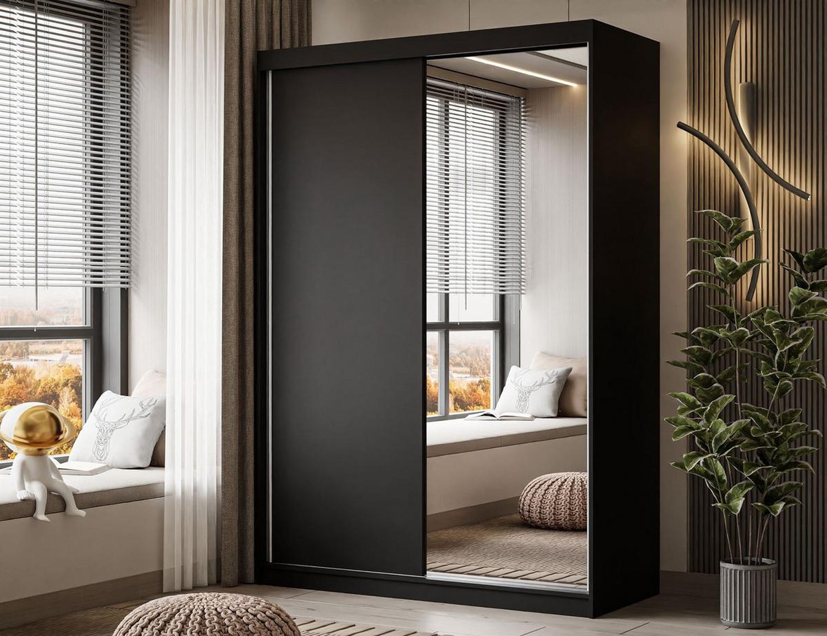KLEIDERSCHRANK CAMARO II 150 cm mit Spiegel Schiebetürenschrank Schwarz - Schwarz, Holzwerkstoff (150/215/59cm) - Lookway