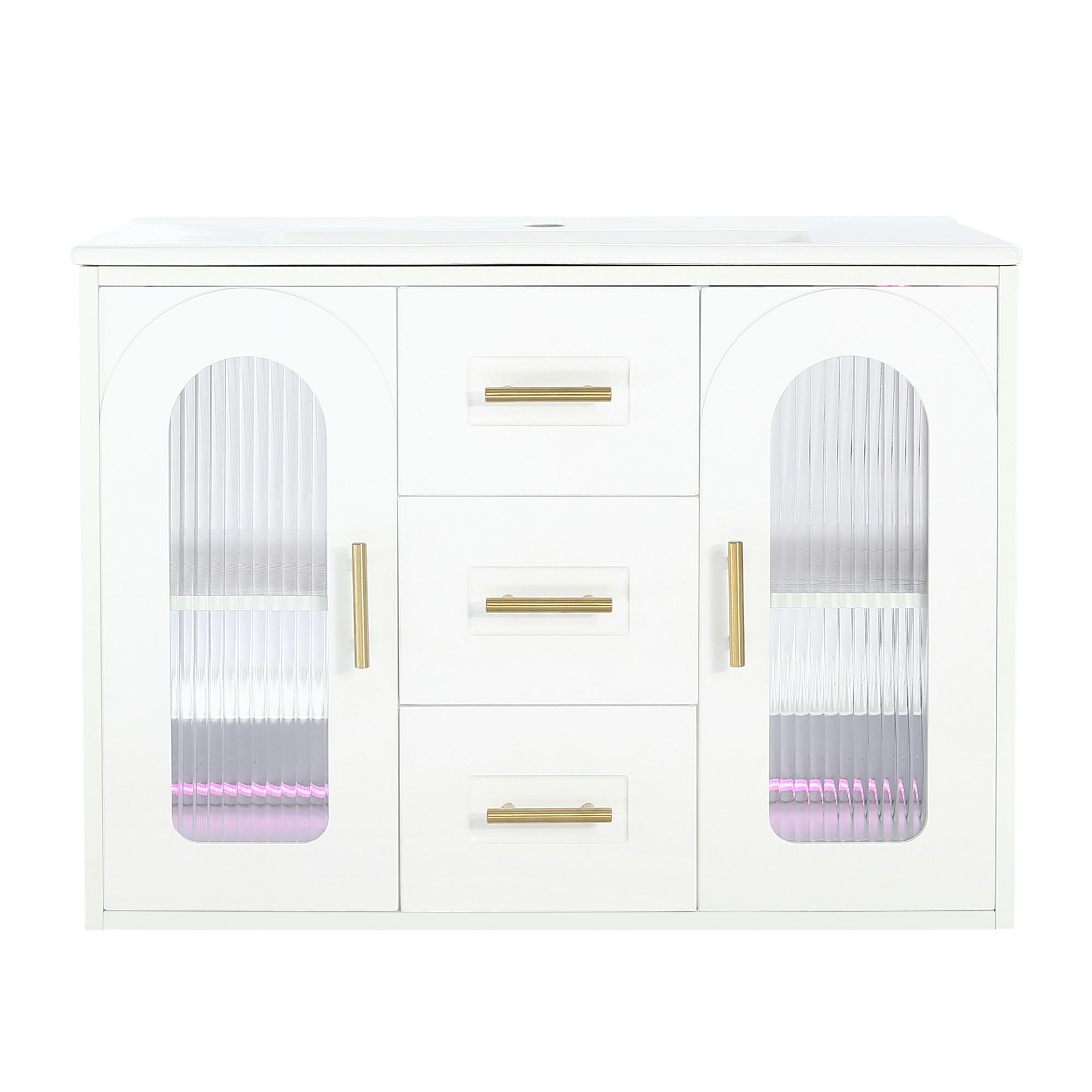 WASCHTISCH mit Unterschrank 76cm Weiß Holzoptik mit LED & Glastür - Weiß, Holzwerkstoff (76/55/46cm) - Urban Meuble