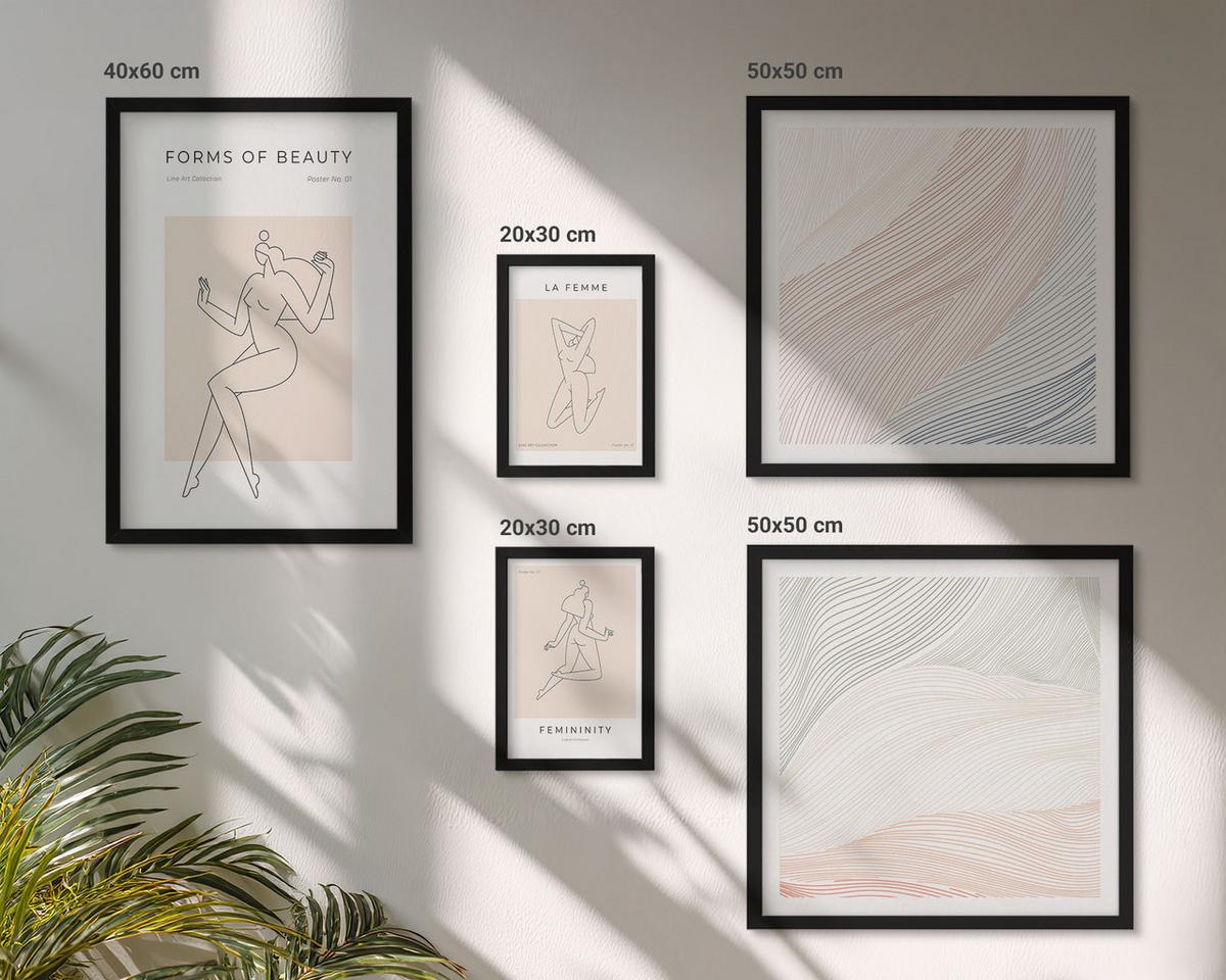 BILDER SET 5er Set - 50x50 cm & 20x30 cm & 40x60 cm Schwarzer Rahmen - Weibliche Silhouetten auf Plakaten - Schwarz, Kunststoff (40/60cm) - TULUP
