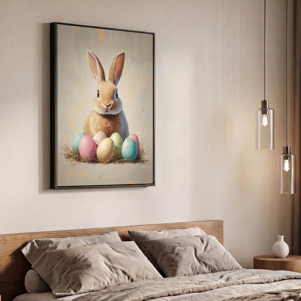 LEINWAND Bilder mit Rahmen - Osterhase - Pastell - Eier - 70x100 - Beige, Textil (70/100cm) - MuchoWow